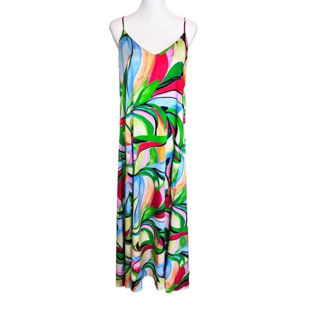 Nicole Miller New York Colorful Summer Abstract‎ Maxi Dress L Resort Vacation